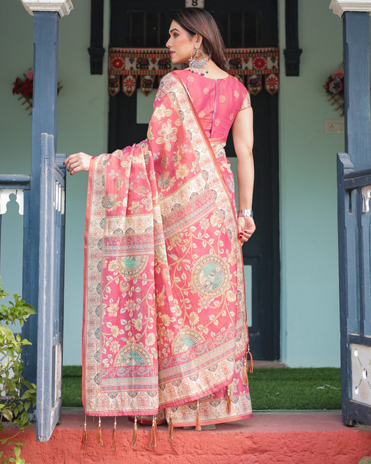 Gajari Soft Linen Cotton Saree With Kalamkari Printed Work