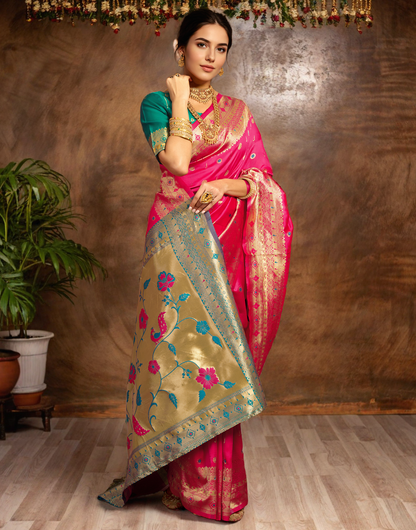 Traditional Pink Paithani Silk Saree With Zari Weaving Work
