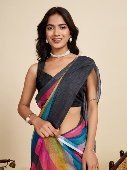 Multi Linen Cotton Saree With Digital Printed Work And Silver Zari Border