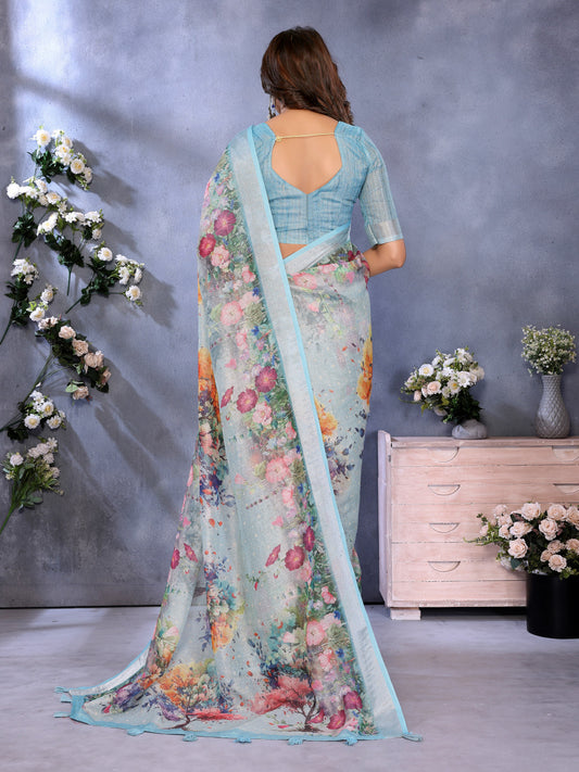 Sky Blue Linen Cotton Saree With Digital Printed Work And Silver Zari Border