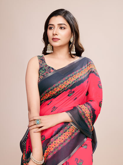 Pink Soft Linen Cotton Saree With Digital Printed Work