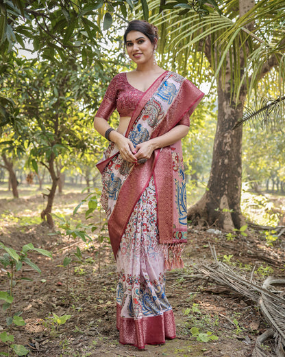 Multi Color Kalamkari Digital Printed Tussar Silk Saree | Designer Festive Ethnic Wear – JaipurSaaj