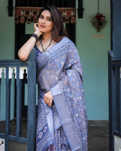 Blue Summer Special Digital Printed Linen Cotton Saree