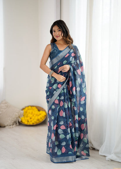 Firoji Color Linen Cotton Saree With Flower Digital Printed Work