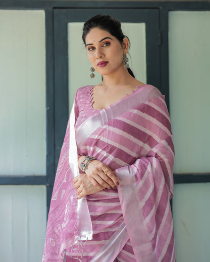 Lavender Soft Linen Cotton Saree With Digital Printed Work