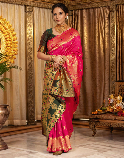 Traditional Pink Paithani Silk Saree With Zari Weaving Work