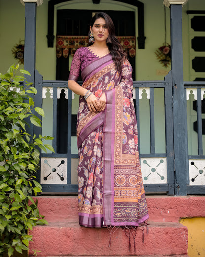 Magenta Summer Special Digital Printed Linen Cotton Saree