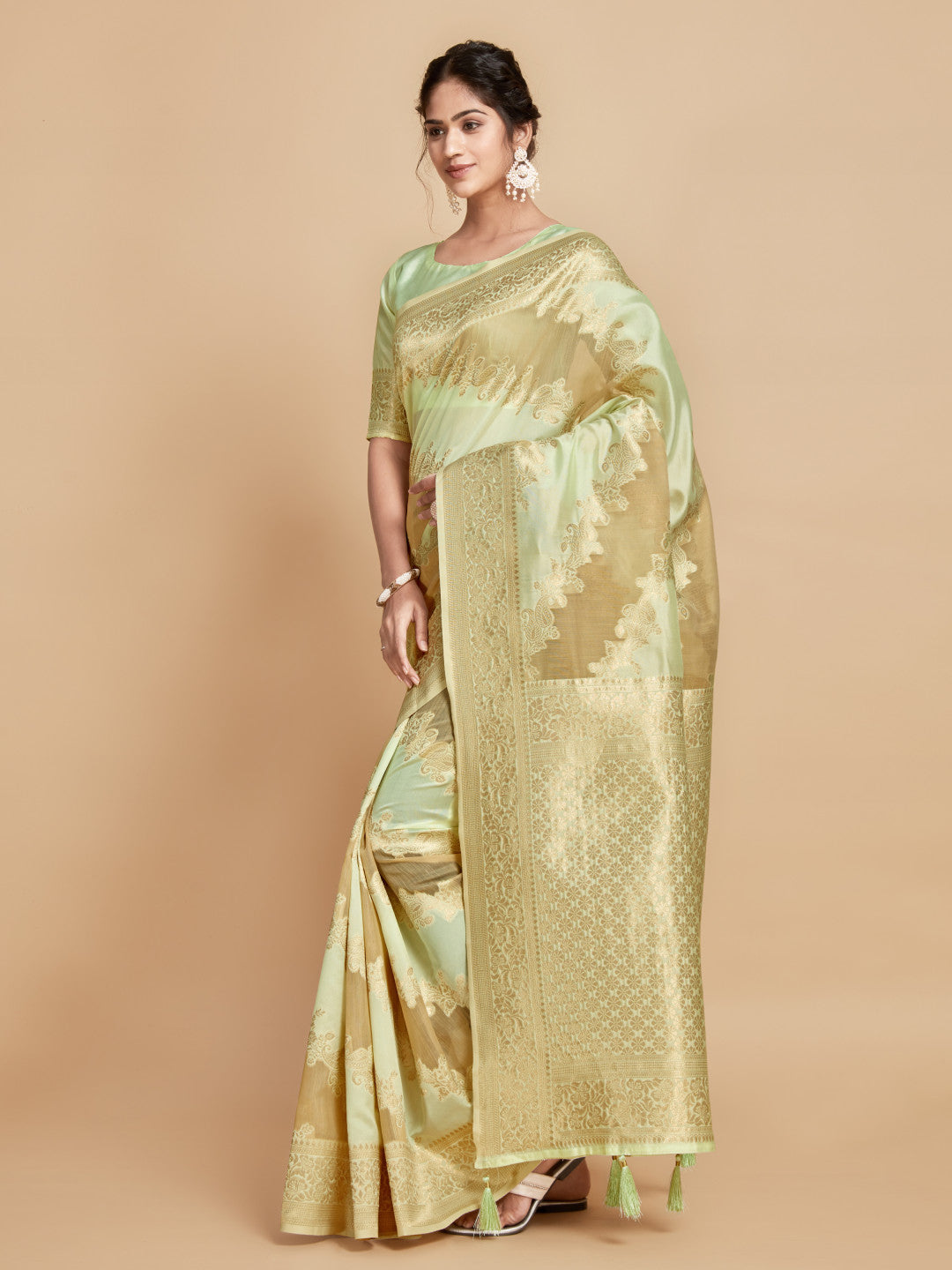 Light Pista Green Soft Linen Silk Saree With Zari Weaving Work | Wedding & Festive Wear – JaipurSaaj