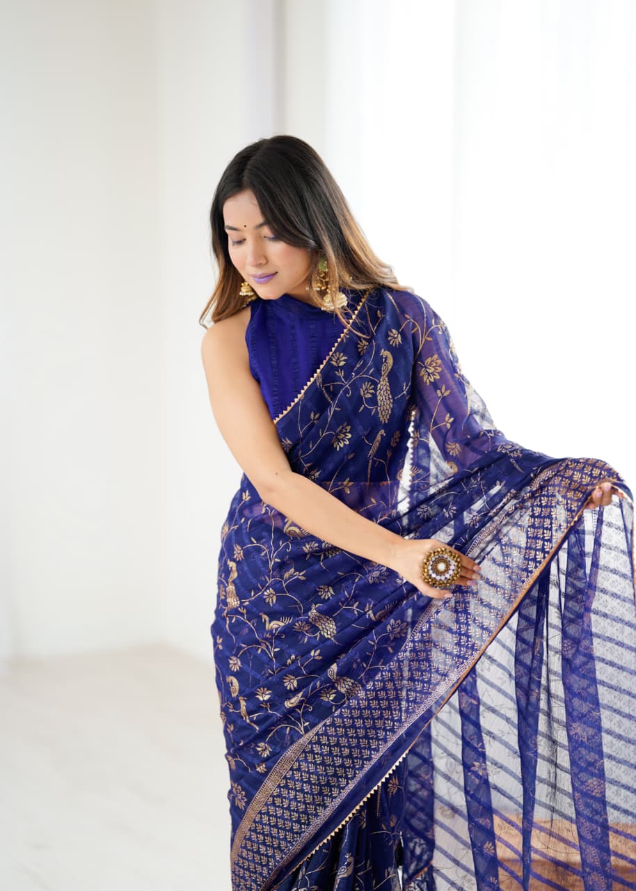 Violet Color Georgette Saree With Digital Printed Work And Lace Border