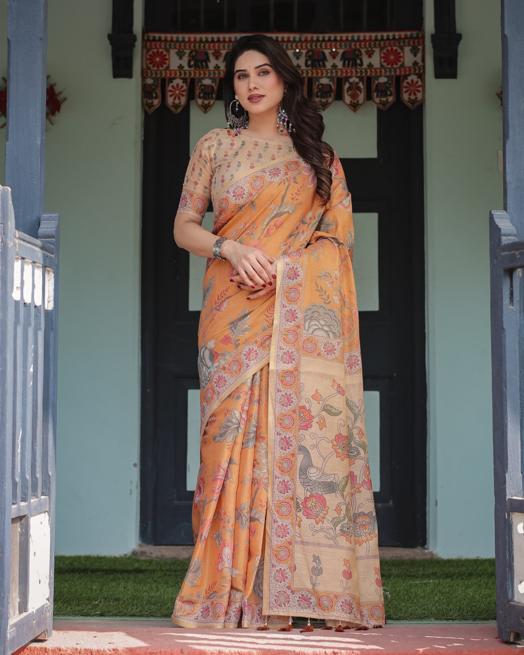 Orange Soft Linen Cotton Saree with Kalamkari Printed Work | Summer Casual & Ethnic Wear – JaipurSaaj
