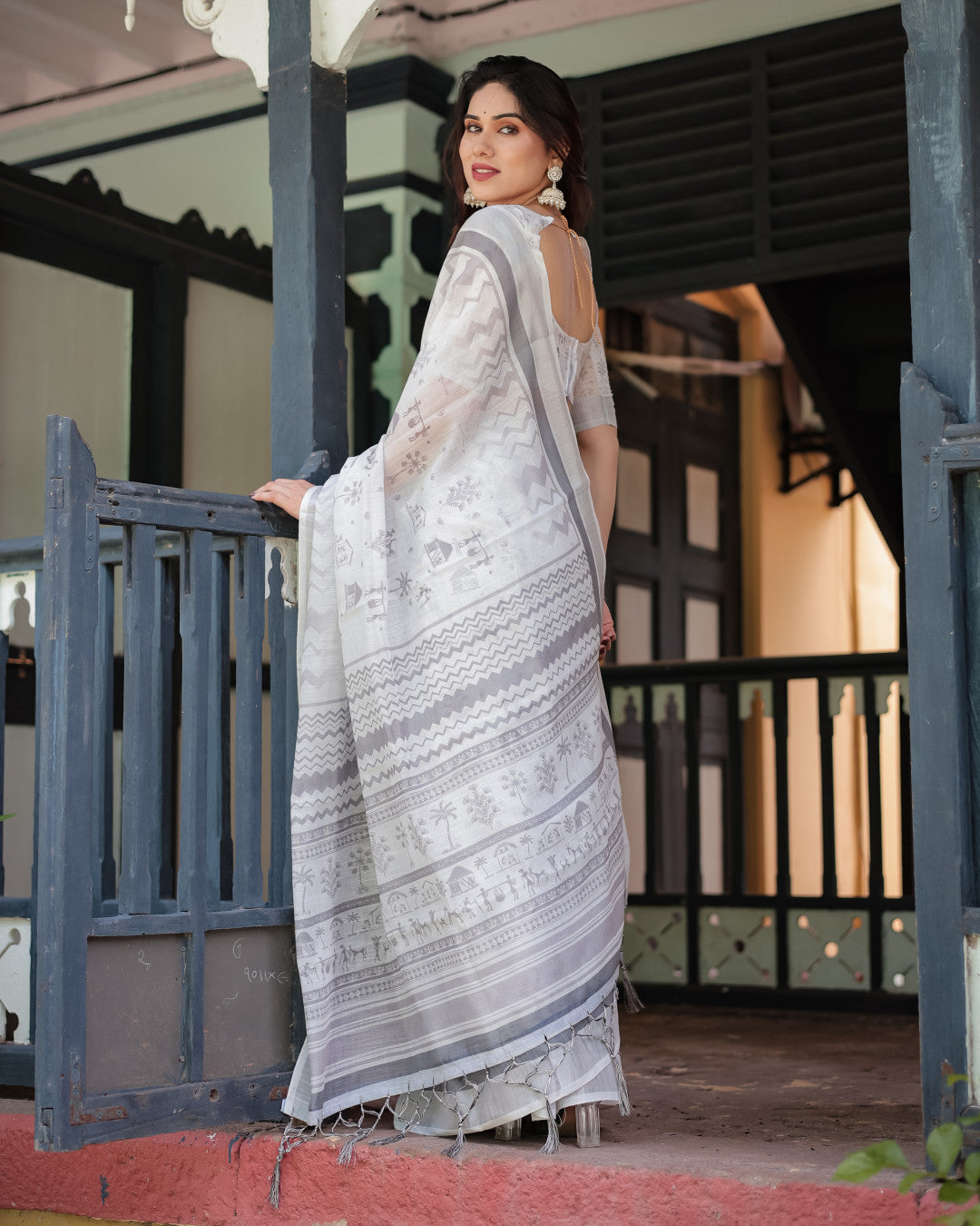 White Summer Special Digital Printed Linen Cotton Saree