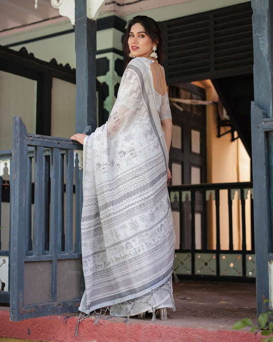 White Summer Special Digital Printed Linen Cotton Saree