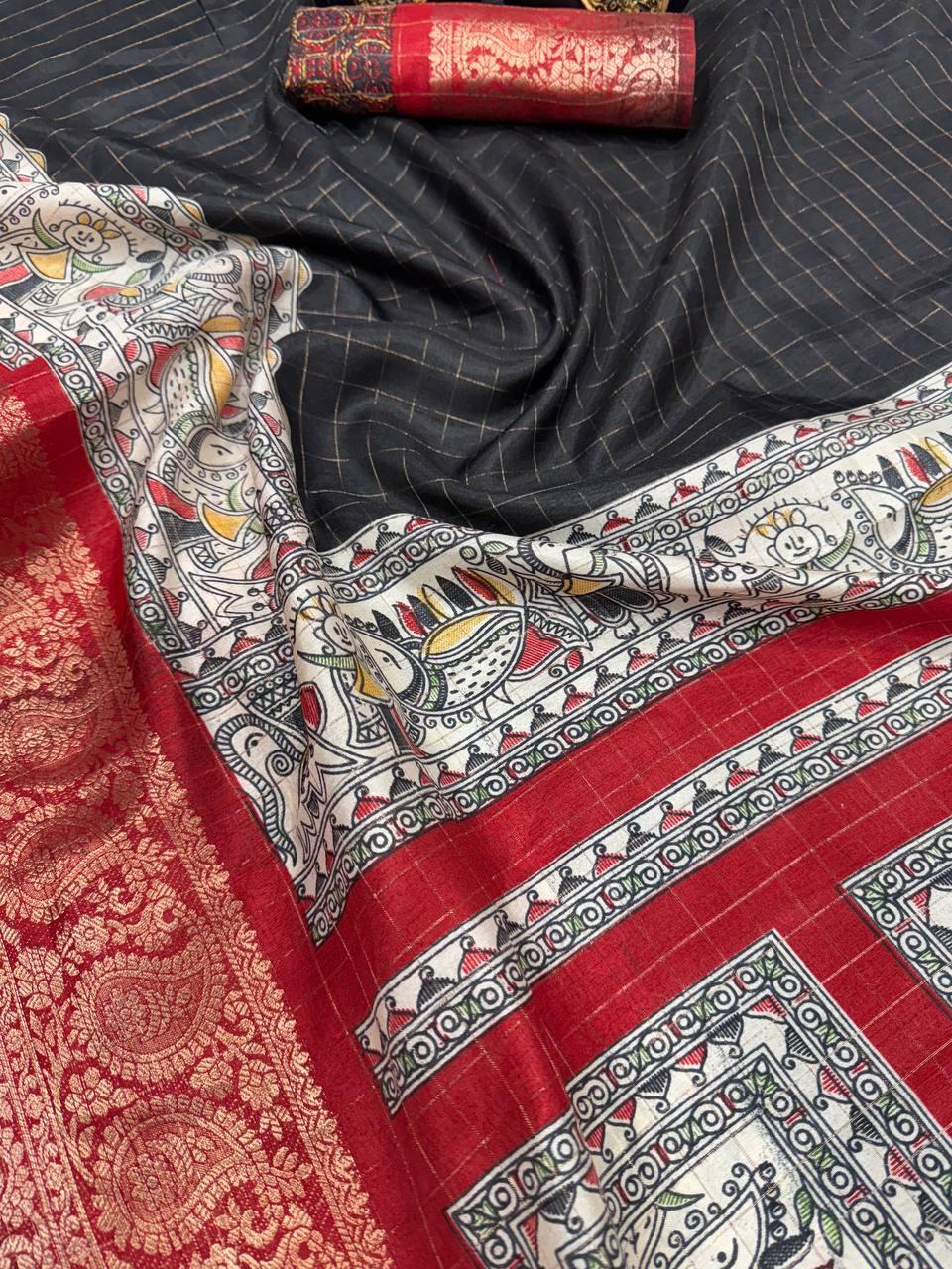 Black Dola Silk Saree With Beautiful Madhubani Printed Pallu Work