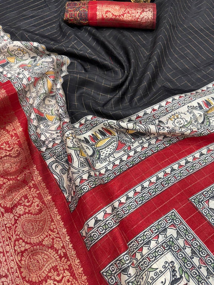 Black Dola Silk Saree With Beautiful Madhubani Printed Pallu Work