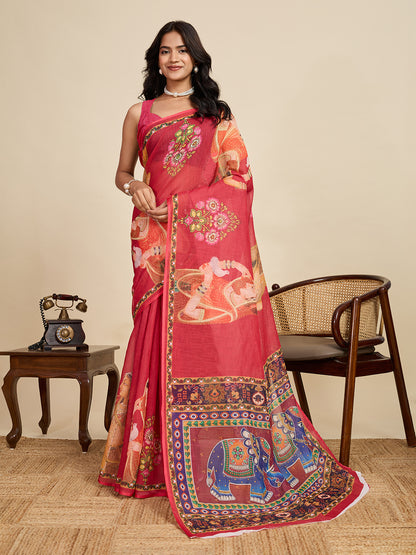 Red Linen Cotton Saree With Digital Printed Work And Silver Zari Border