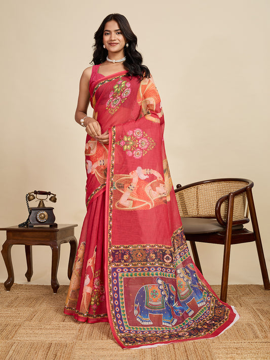 Red Linen Cotton Saree With Digital Printed Work And Silver Zari Border