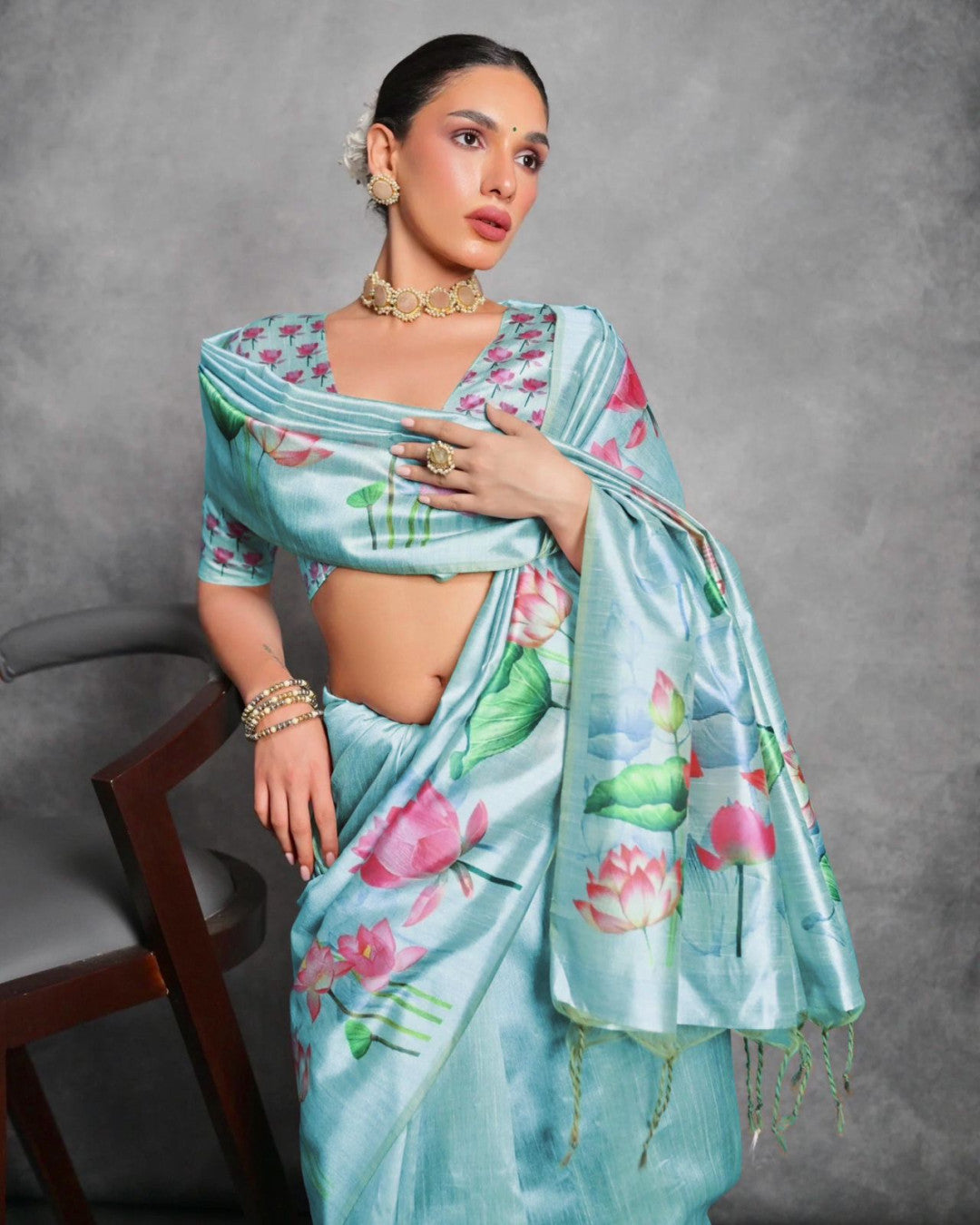 Sky Blue Tussar Silk Saree with Lotus Floral Printed Work | Festive & Party Wear – JaipurSaaj