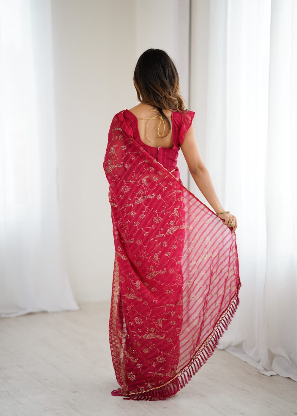Red Color Georgette Saree With Digital Printed Work And Lace Border