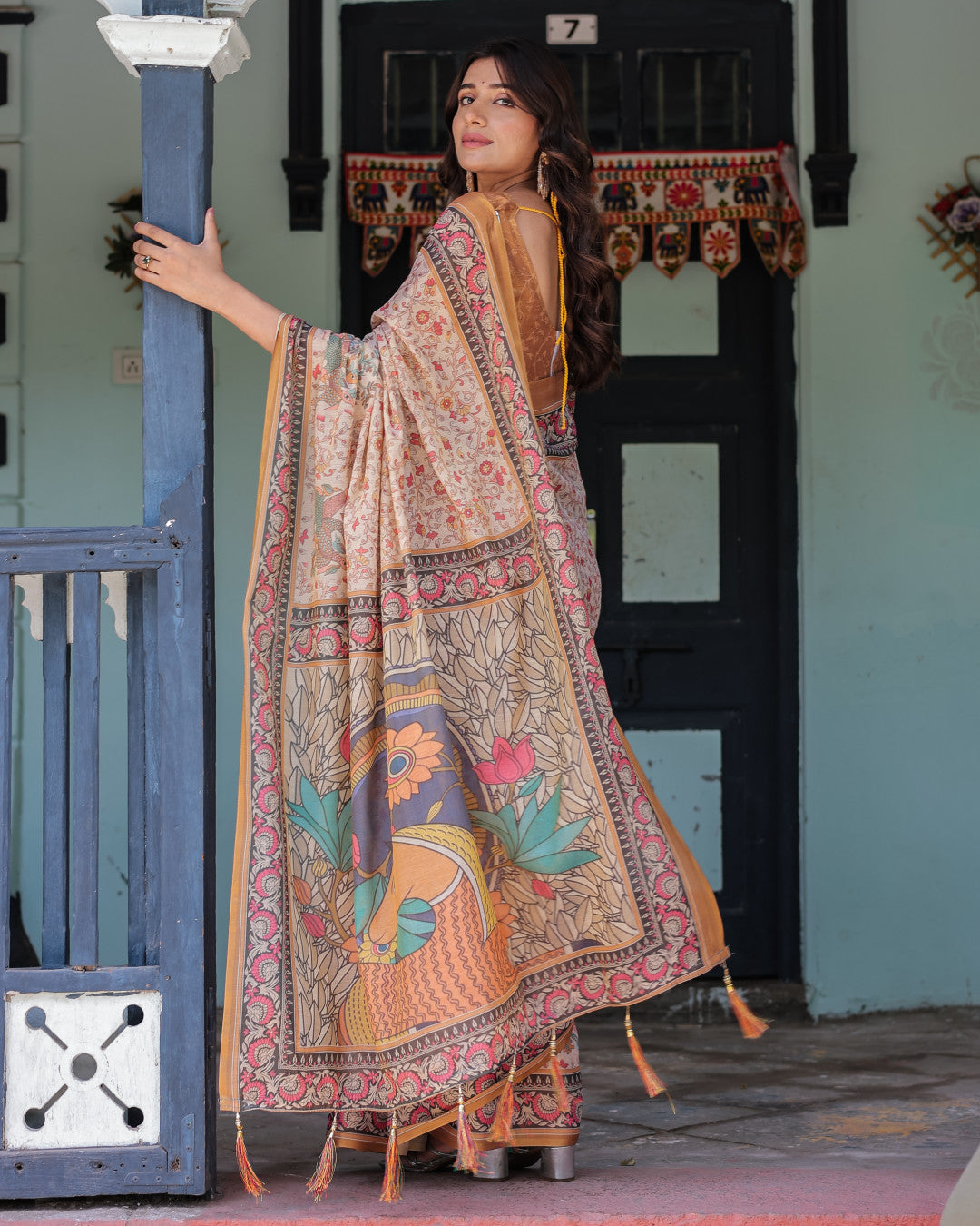 Multi Color Kalamkari Digital Printed Linen Cotton Saree | Summer Casual & Ethnic Wear – JaipurSaaj
