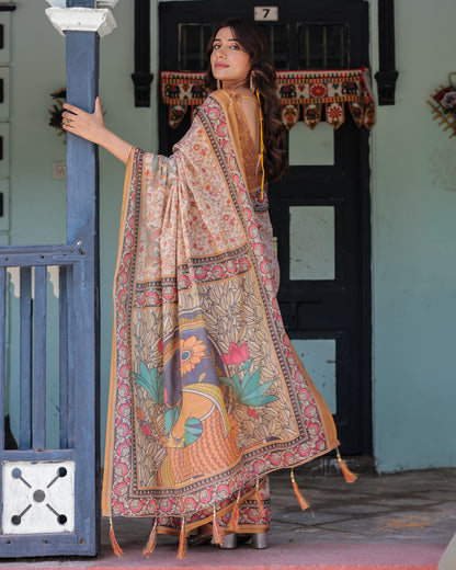 Multi Color Kalamkari Digital Printed Linen Cotton Saree | Summer Casual & Ethnic Wear – JaipurSaaj
