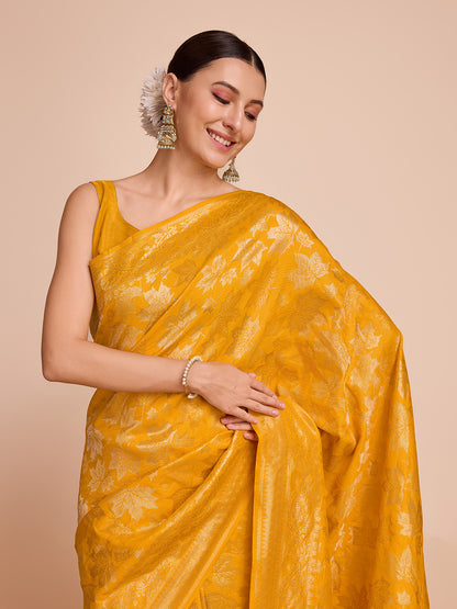 Golden & Copper Zari Weaving With Yellow Soft Silk Banarasi Saree | Party & Wedding Wear - JaipurSaaj
