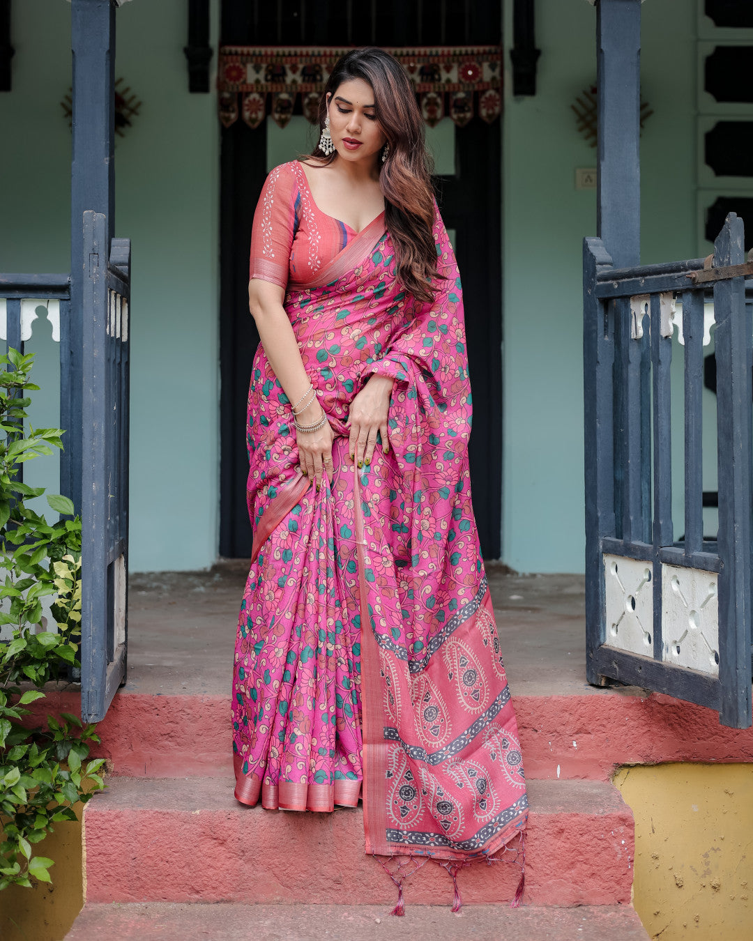 Pink Floral Digital Printed Linen Cotton Saree