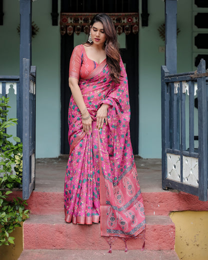 Pink Floral Digital Printed Linen Cotton Saree