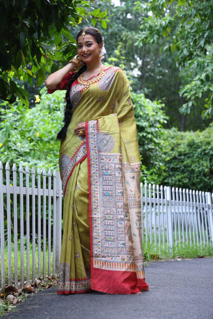 Mahendi Green Madhubani Printed Soft Tussar Silk Saree | Traditional Festive Ethnic Wear – JaipurSaaj