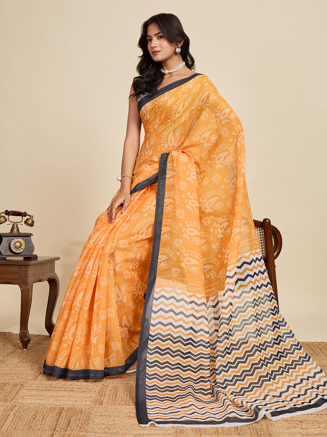 Yellow Linen Cotton Saree With Digital Printed Work And Silver Zari Border