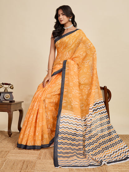 Yellow Linen Cotton Saree With Digital Printed Work And Silver Zari Border