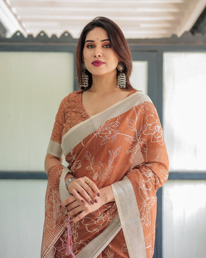 Coffee Digital Printed Linen Cotton Saree | Summer Special Office & Casual Wear – JaipurSaaj