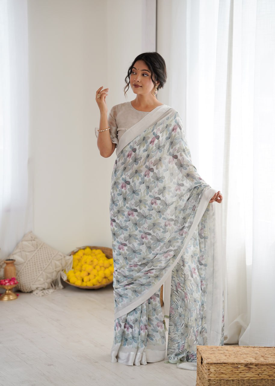 Gray Linen Cotton Saree With Flower Digital Printed Work