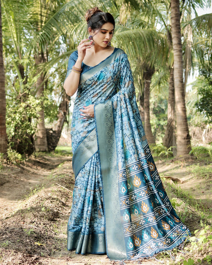 Rama Green Digital Printed Tussar Silk Saree With Zari Motif Border | Traditional Casual & Festive Wear – JaipurSaaj
