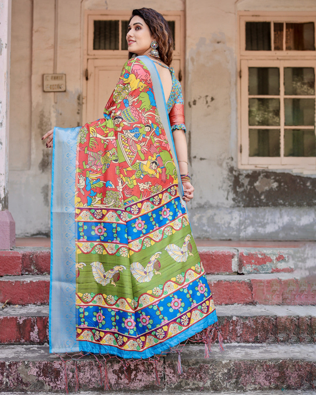 Multi Color Kalamkari Digital Printed Tussar Silk Saree | Designer Festive Ethnic Wear – JaipurSaaj