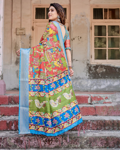 Multi Color Kalamkari Digital Printed Tussar Silk Saree | Designer Festive Ethnic Wear – JaipurSaaj