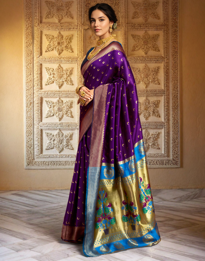 Traditional Purple Chand Design Paithani Silk Saree With Zari Weaving Work