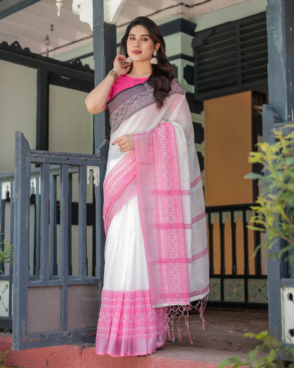 White And Pink Soft Linen Cotton Saree With Digital Printed Work