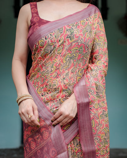Beige Floral Digital Printed Linen Cotton Saree