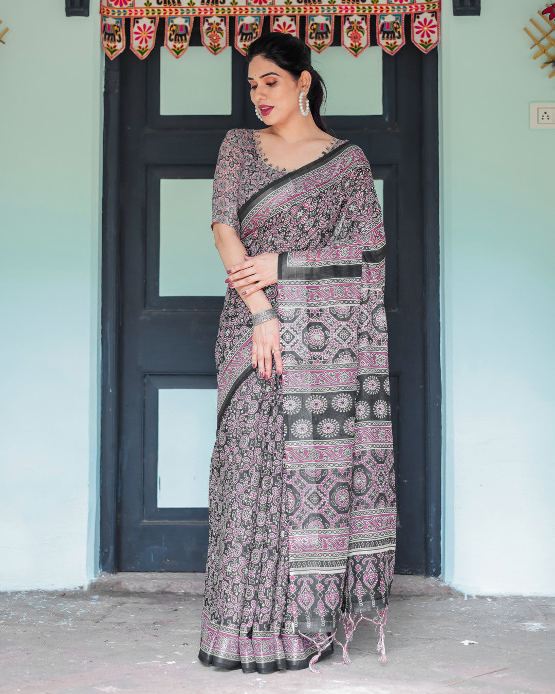 Black Soft Linen Cotton Saree With Ajarakh Digital Printed Work