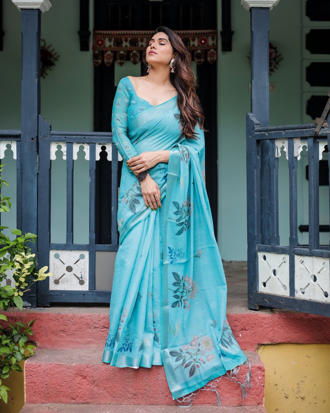 Sky Blue Floral Digital Printed Linen Cotton Saree | Office & Casual Ethnic Wear – JaipurSaaj