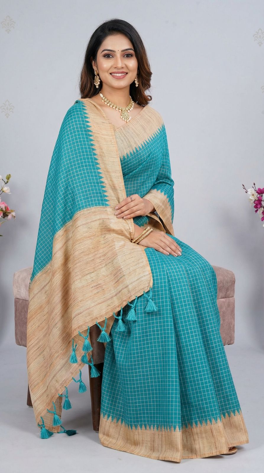Blue Tussar Silk Saree With Checks Weaving Work | Office & Festive Wear – JaipurSaaj