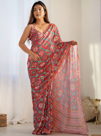 Red Georgette Saree With Printed And Mirror Work With Arco Border
