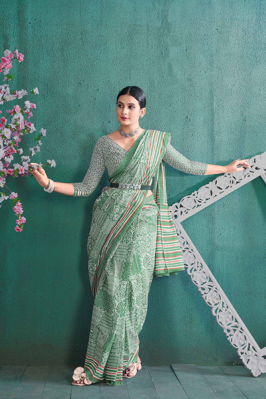 Mint Green Color Soft Pure Cotton Silk Saree With Bagru Print Work