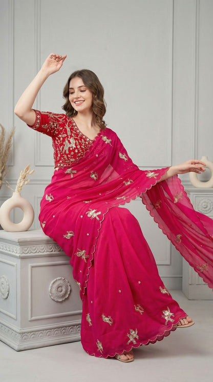 Pink Fandy Satin Silk Saree With Heavy Shine Hand Work & Cutwork Border | Wedding & Party Wear - JaipurSaaj