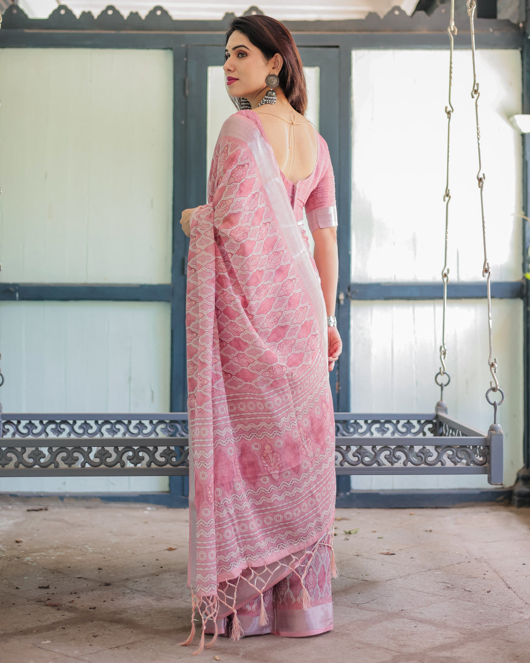 Baby Pink Summer Special Digital Printed Linen Cotton Saree