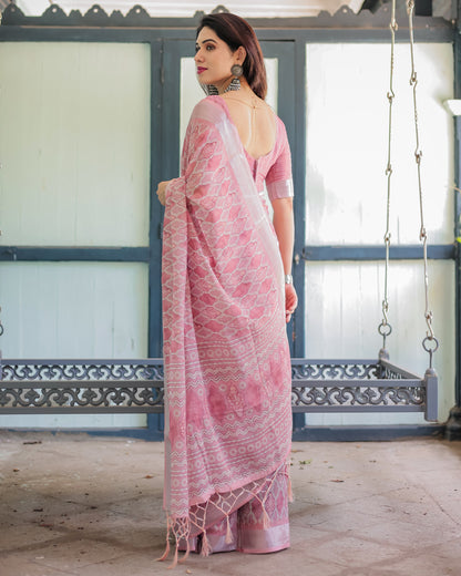 Baby Pink Summer Special Digital Printed Linen Cotton Saree