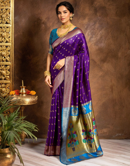 Traditional Purple Chand Design Paithani Silk Saree With Zari Weaving Work
