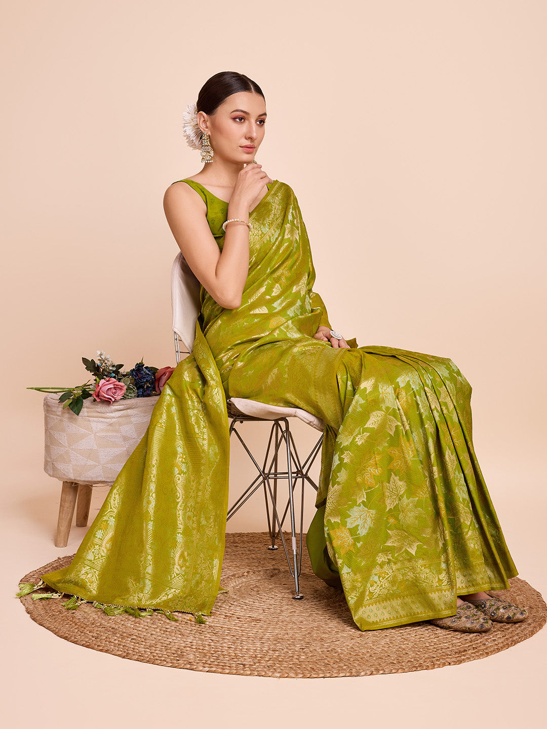 Golden & Copper Zari Weaving With Mahendi Green Soft Silk Banarasi Saree | Party & Wedding Wear - JaipurSaaj
