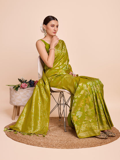 Golden & Copper Zari Weaving With Mahendi Green Soft Silk Banarasi Saree | Party & Wedding Wear - JaipurSaaj