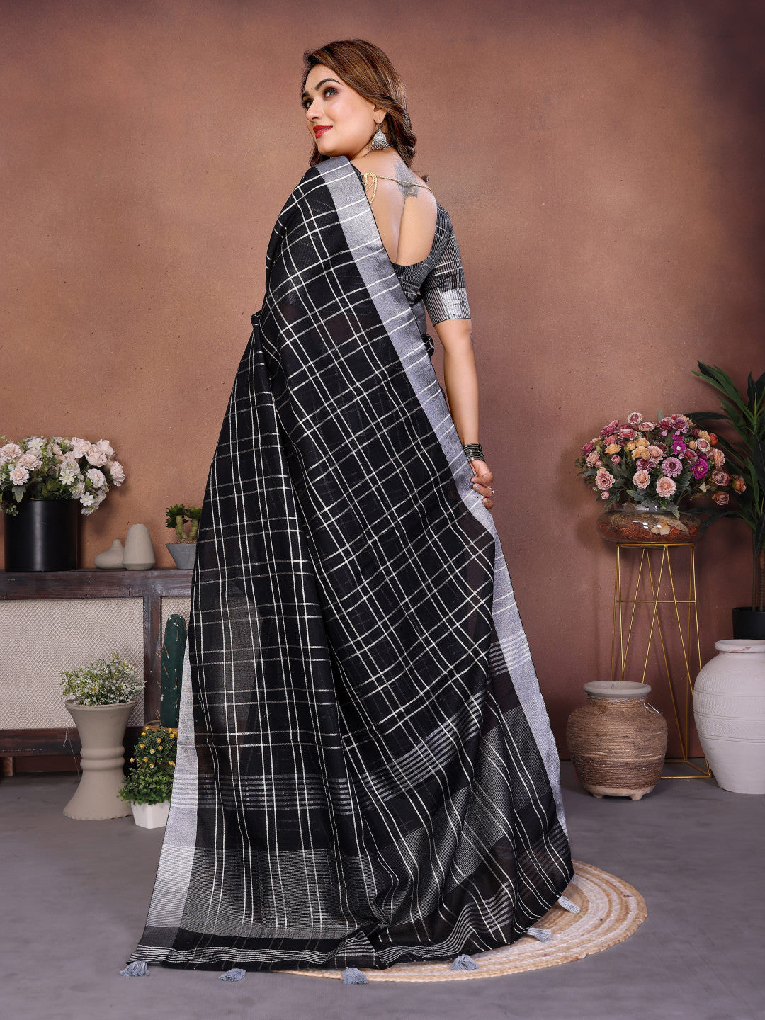 Black Linen Cotton Saree With Silver Zari Border